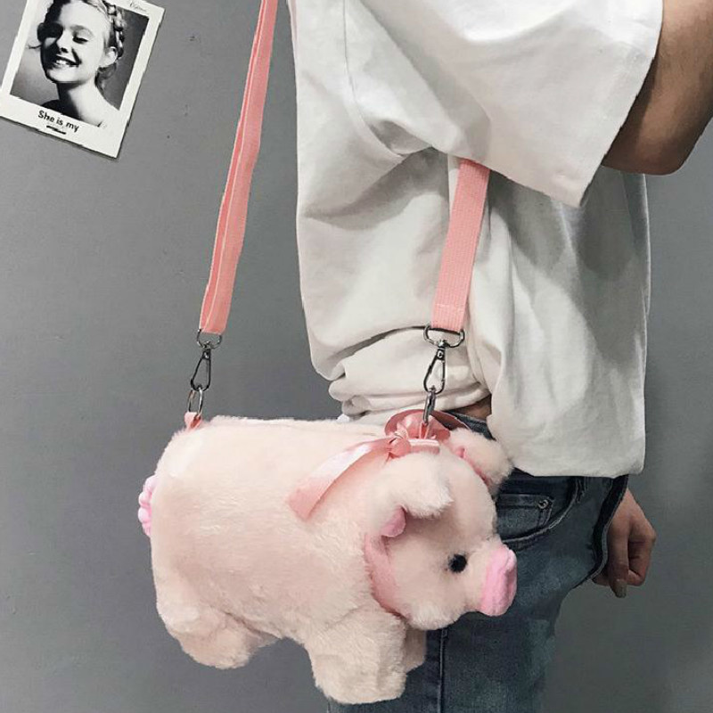 Y2k Cute Pig Shoulder Bag Plush Stuffed Animal Crossbody Bag Women Fashion Winter Soft Purse Cartoon Handbag Phone Money Storage