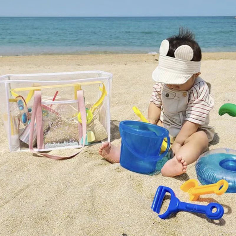 Simple PVC swimming storage bag cream colored large capacity transparent waterproof beach bag single shoulder beach wash bag 241106