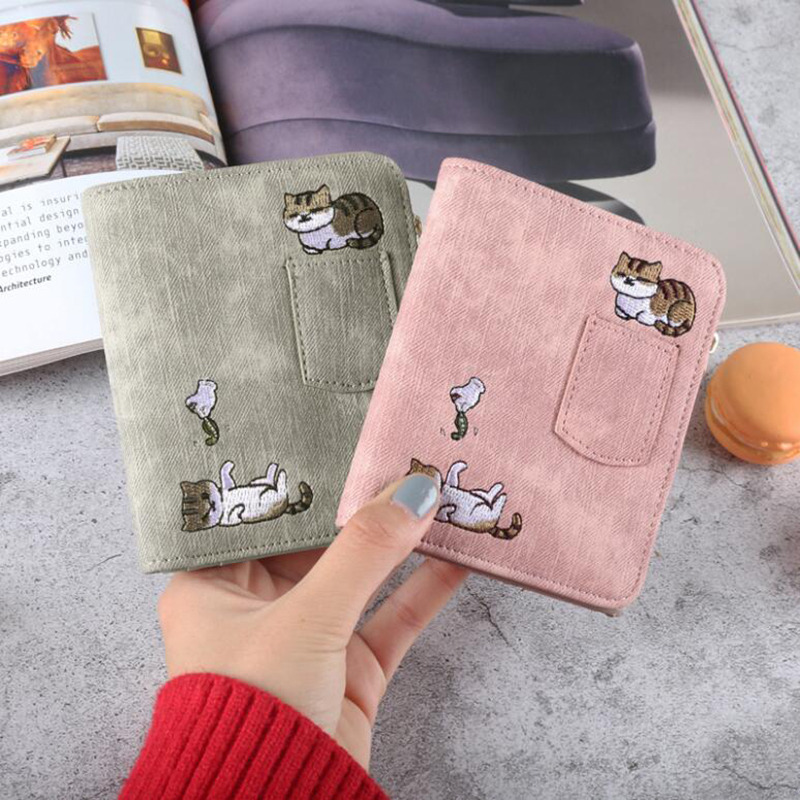 Embroidery Cat Women Short Wallet Zipper Coin Purse Short Women's Wallet Cute Mini Cards Holder Clutch For Girl Female Moneybag