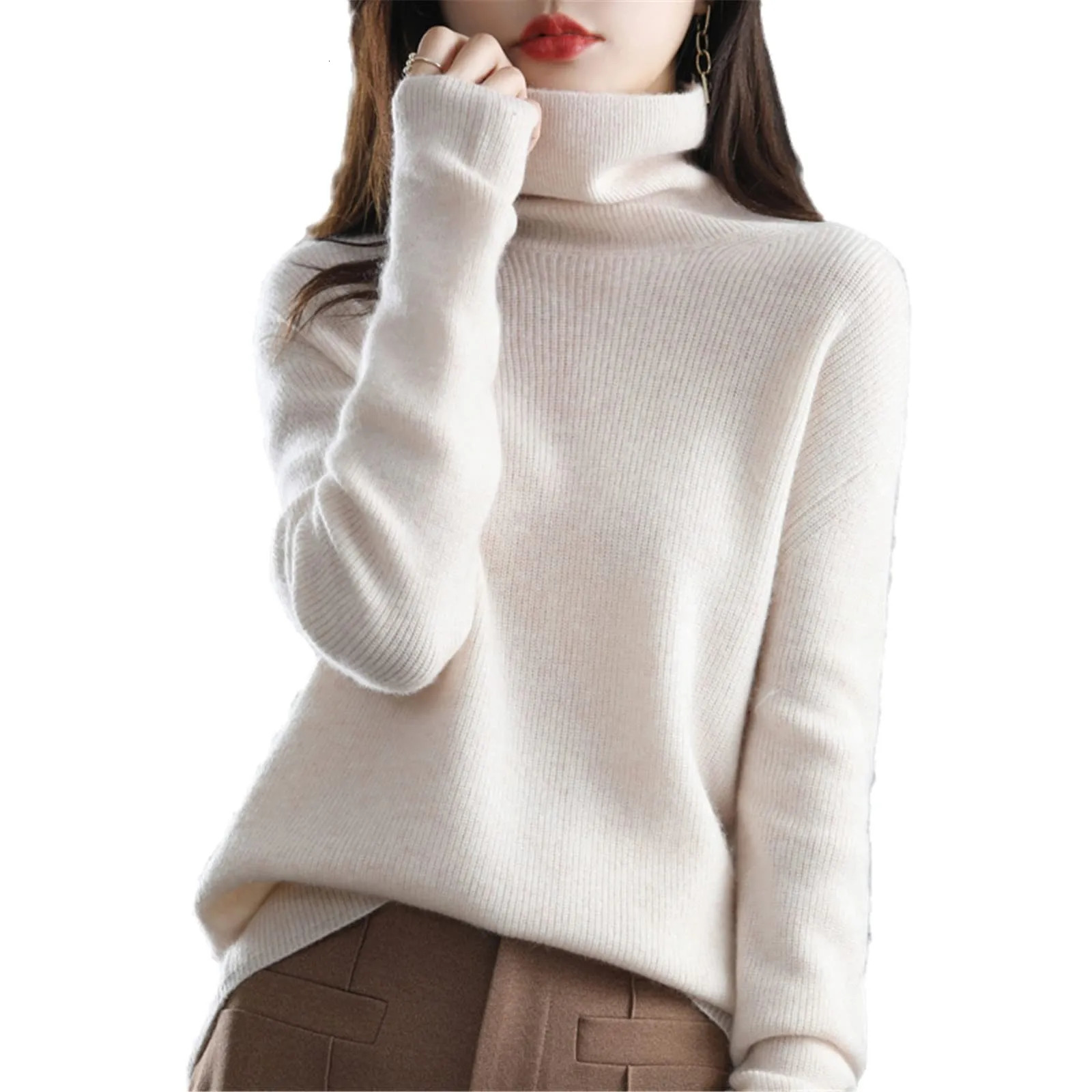 Womens Sweater Pullover Cashmere Pullover High Neck Wool Casual Knit Tops Autumn Winter Jacket Warm Pullover 241107