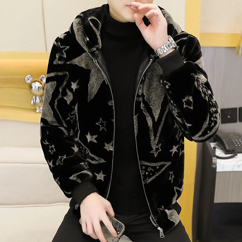 Winter faux fur mink jacket mens thick faux fur hooded jacket ultra-thin casual business social jacket mens clothing 241107