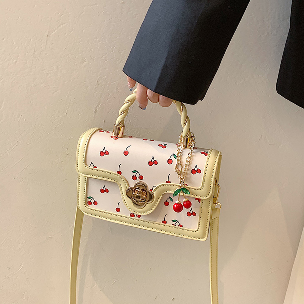 Women Cherry Shoulder Bag PU Leather Cherry Square Chain Bag Adjustable Strap Cherry Pattern Sling Bag Female Daily Commute Bag