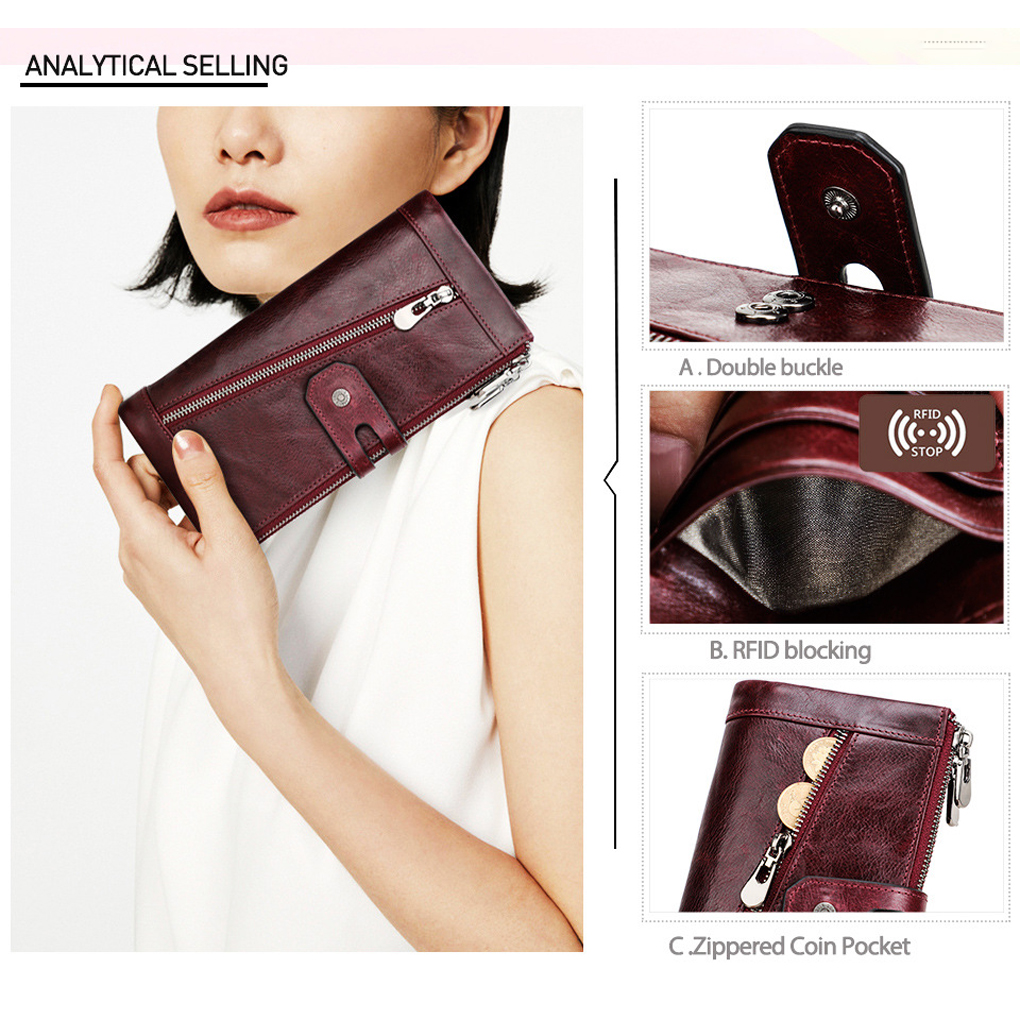 Women Wallet Zipper Solid Color Rectangular Card Holder Photo Folder Cash Compartment Purse Birthday Gift Wine Red