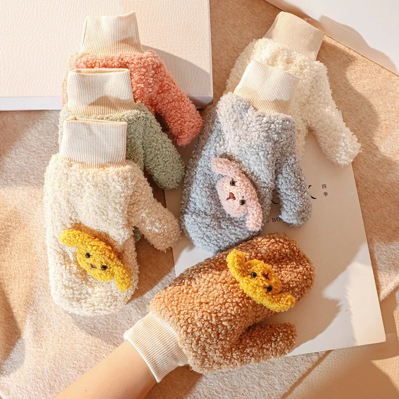 Womens Winter Plus Velvet Thick Knitted Hanging Collar Outdoor Warm Bicycle Gloves Cute Cartoon Dog Full Finger Plush Gloves S36 241107