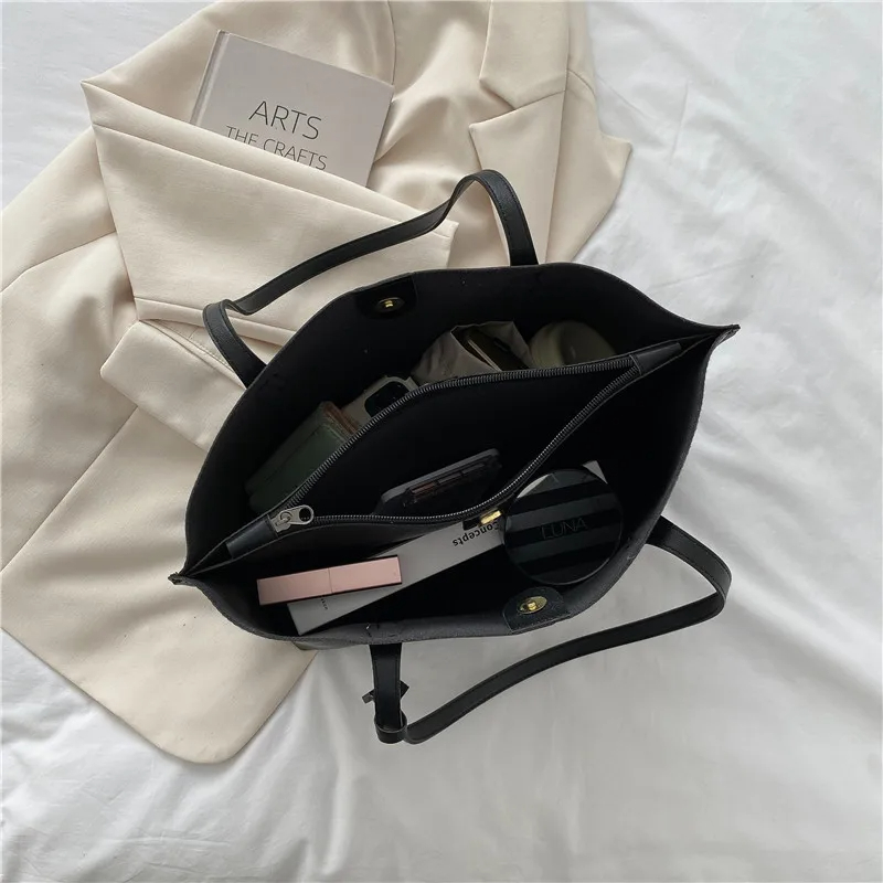 1PC black minimalist large capacity soft leather tote bag casual versatile shoulder bag