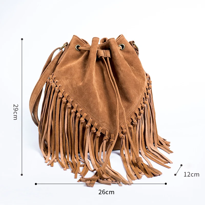 WESTCREEK Brand Faux Suede Leather Women Handmade Tassel Messenger Shoulder Bag Vintage Matte Lady Drawstring Bucket Bag
