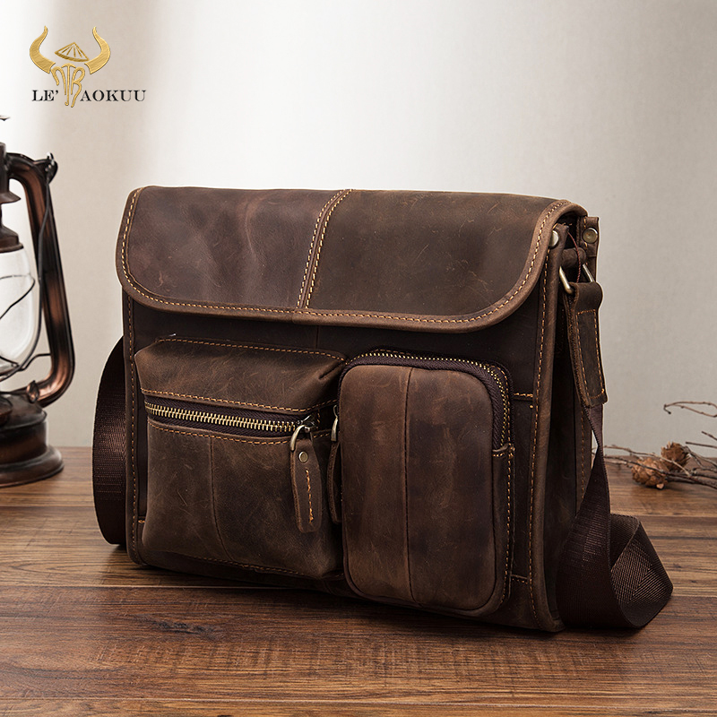 Original Leather Male Casual Design Student Shoulder Messenger Crossbody bag Fashion College Satchel 10" Book bag For Men 202-d