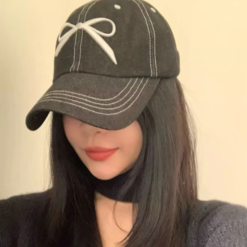 Korean Y2k Bow Embroidered Hat Suitable for Spring and Summer Travel Edition Fashionable Sweet and Beautiful Baseball Hat 241107