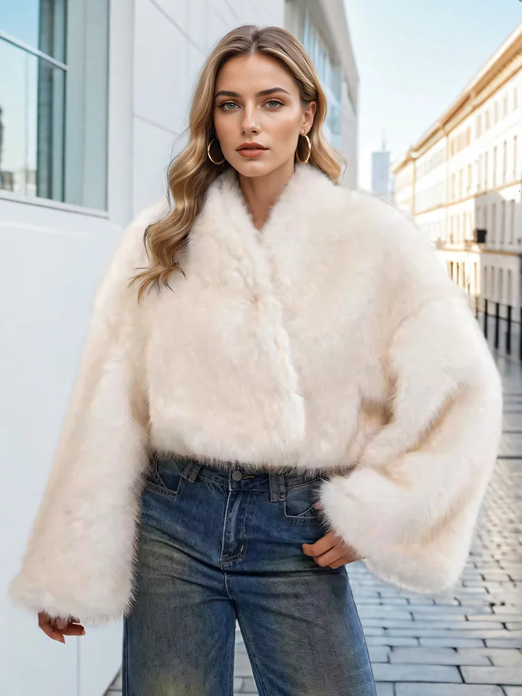 DEAT Fashion Womens faux fur coat V-neck long sleeved loose thick mink grass short sleeved winter item 7AB5096 241107