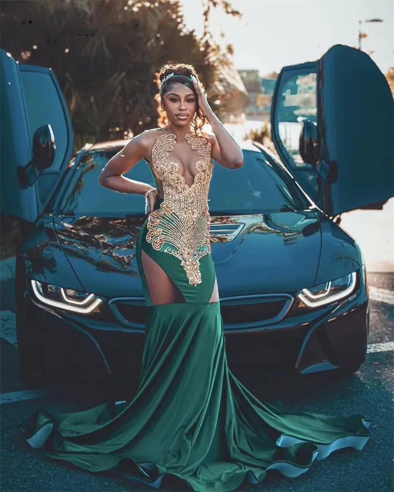 Luxuy Diamonds Green Long Prom Dresses 2024 Sparkly Gold Beads Rhinestone Crystal Birthday Reception Party Gown Evening Gowns