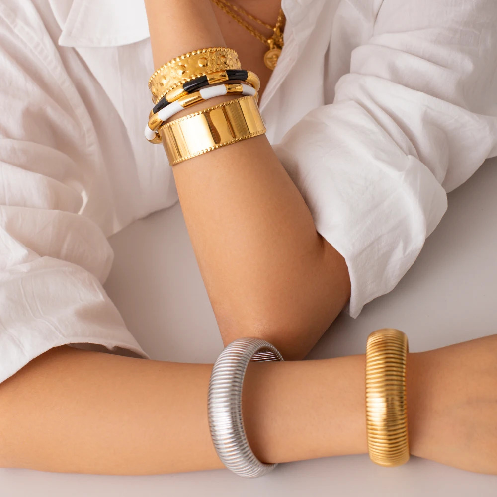 Uworld Stainless Steel 20mm Chunky Wide 18K Gold Plated Silver Color For Women pulseras de acero inoxidable para mujer 241106