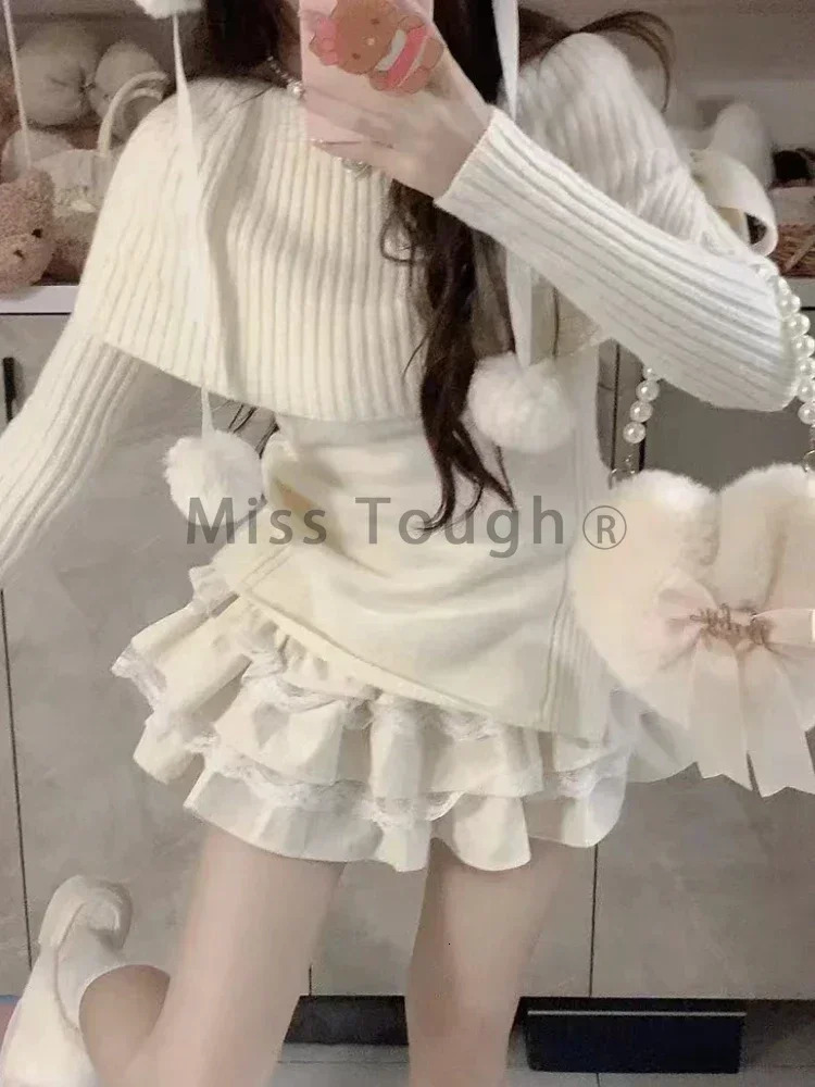 Fashion Sweet Elastic Slim 2 Piece Set Woman Winter Chic Solid Bow Long Sleeve Tops Female High Waist Thin Ruffle Short Skirt 241107