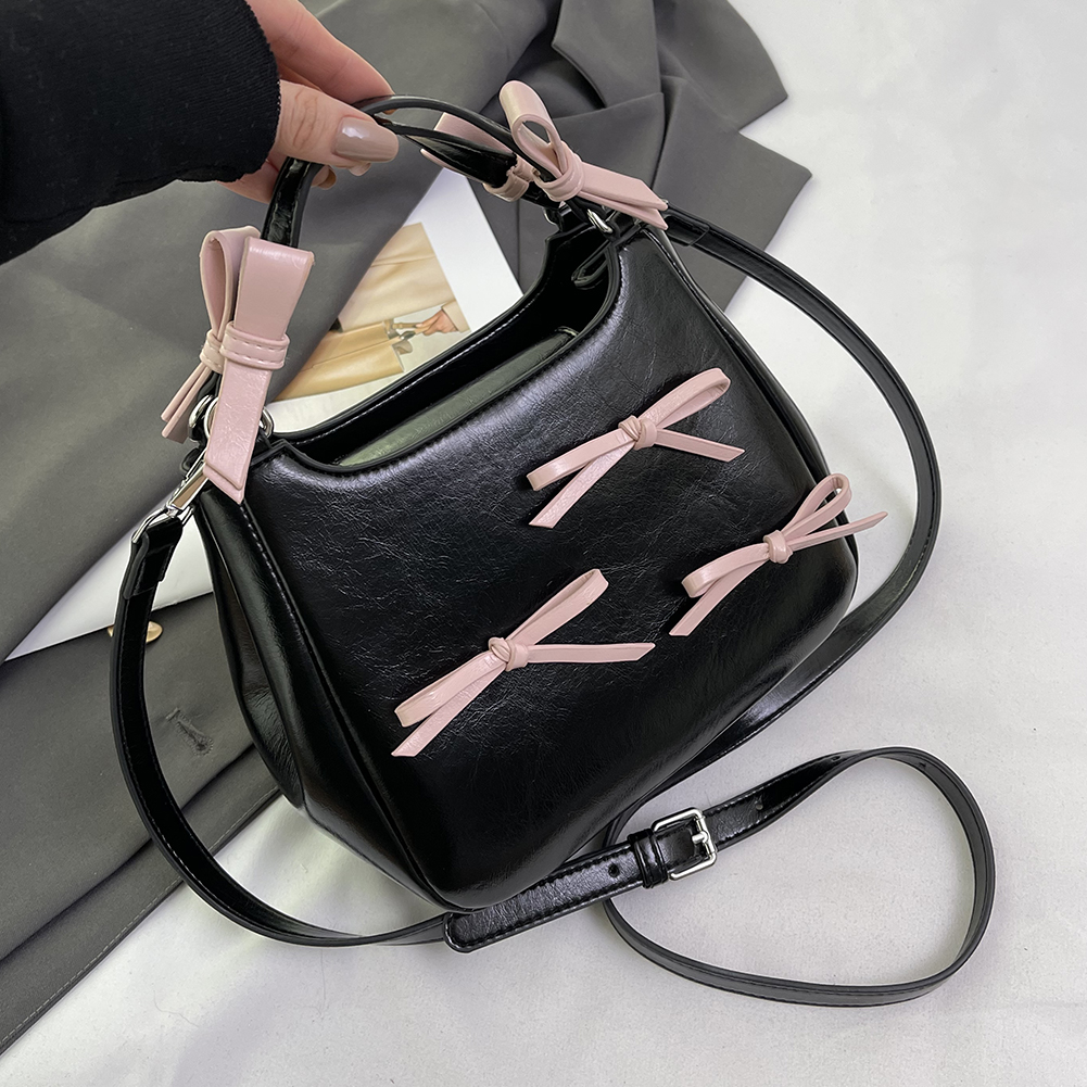 Sweet Bow Shoulder Bag PU Leather Aesthetic Crossbody Bag Contrast Color Trendy Tote Bag with Adjustable Strap Top Handle Bag