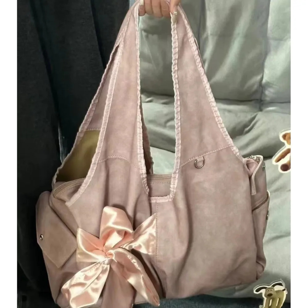 JIAERDI Harajuku Large Capacity Handbag Womens Fairycore Aesthetic Bow Unique Grey Handbag Womens Retro Cute Shoulder Bag 241106