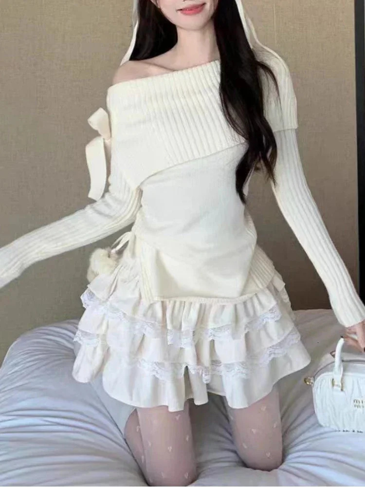 Fashion Sweet Elastic Slim 2 Piece Set Woman Winter Chic Solid Bow Long Sleeve Tops Female High Waist Thin Ruffle Short Skirt 241107