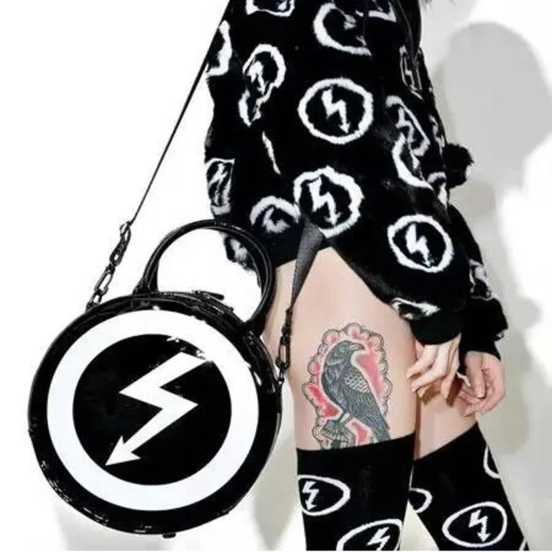 Women Lady Girl Punk Dark Skull Head Thunder Flash Printed Gothic Cross Body MOON Messenger Bag Round Handbag Harajuku