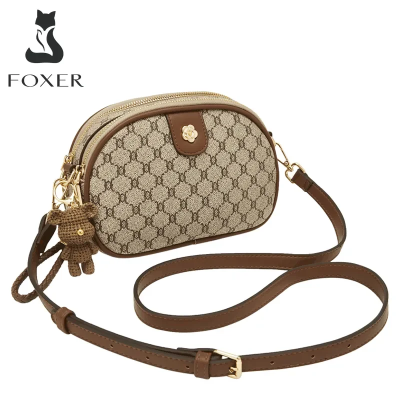 FOXER Monogram Prints Women's Gift Messenger Bag PVC Round Shoulder Bag Female Fashion PU Leather Tow-tier Zipper Crossbody Bags