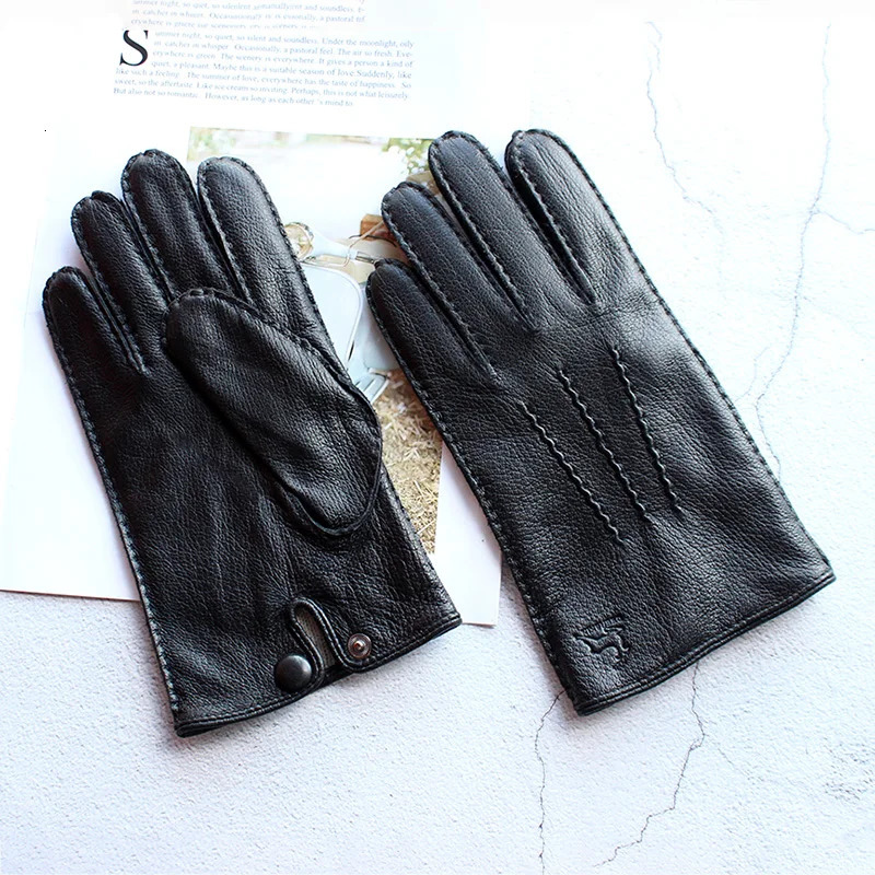 Winter driving leather deer gold gloves mens fashion wool lining autumn warm motorcycle driving finger gloves 241106