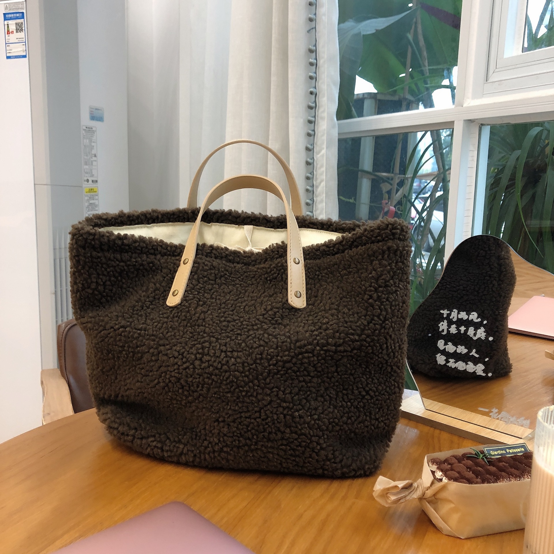 Apricot Lamb Wool Bag Handbag Women's Bag Shoulder Bag Reusable Shopping Bags Casual Tote Female Warm Cream Rice Handbag
