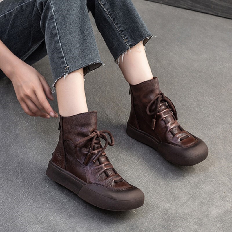 Johnature Handmade Retro Short Boots 2024 Autumn/Winter New Thick Soled Versatile Commuting Comfortable Women's Flat Shoes