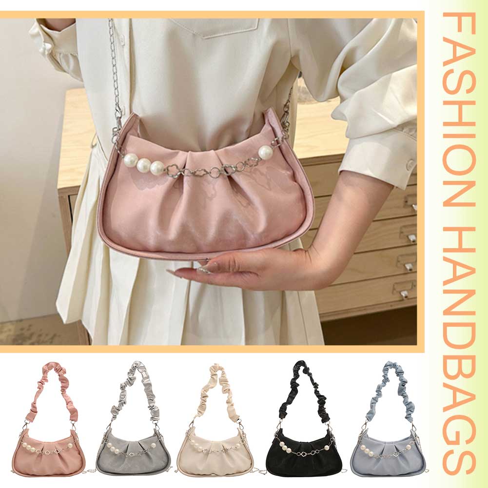 Women Ruched Shoulder Bag with Pearls Pleated Crossbody Bag Detachable Strap Simple Underarm Bag Ladies Leisure Handbag