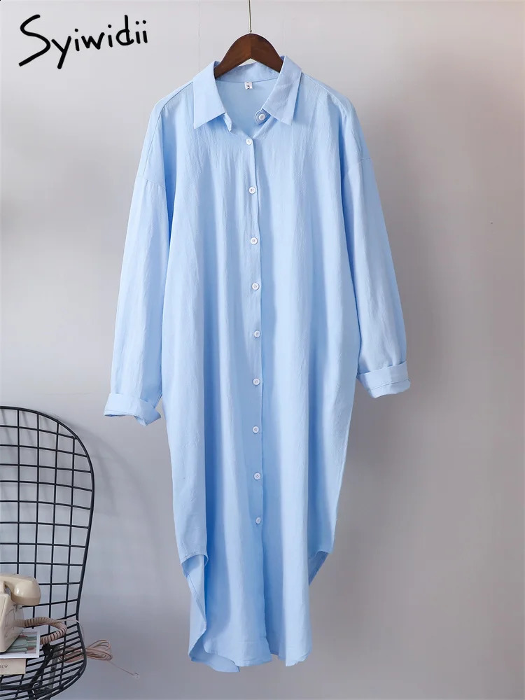 Syiwidii White Shirts Dress for Women Oversized Casual Cotton Loose Dresses Long Sleeve Button Up Blue Midi Long Blouses Dress 240325