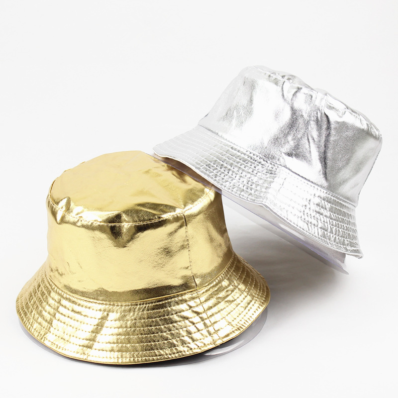 Stage Wear female Harajuku woman two-sided fisherman's hat in gold and silver lacquer leather and black and white basin hat