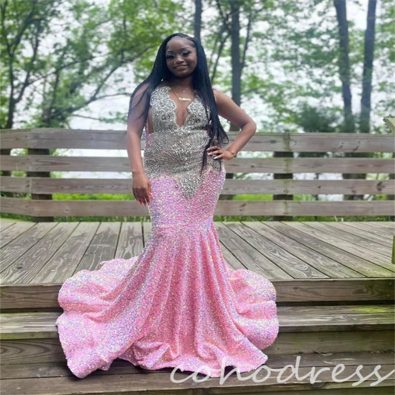 Pink Sequin Prom Dresses Plus Size Luxury Rhinestone Beaded Mermaid Evening Gowns Sleeveless Black Girls African Birthday Dress Pageant Party Vestio F