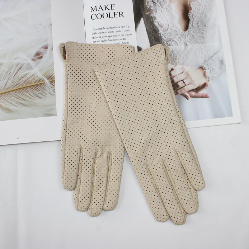 Womens Sheepskin Gloves Fashion Full Network Cool Breathable Silk Lined Leather Driving Gloves 241106