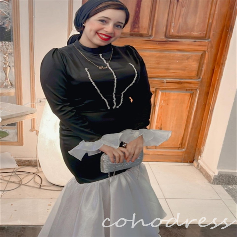 Unique Silver And Black Evening Dresses Elegant High Neck Long Sleeve Maxi Prom Dress Midi Muslim Beaded Birthday Dress 2025 Vestio de Gala Arabic Dub