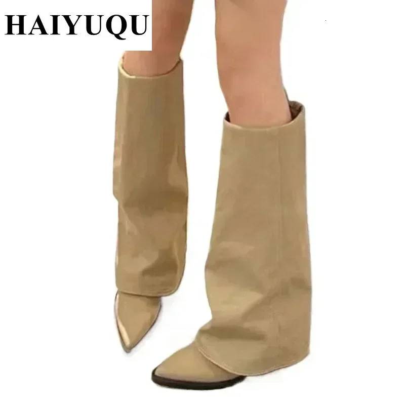 Knee High Heels Women Boots Leather Chunky Fashion Shoes Pointed Toe Snow Long Boots er Pumps Punk Chelsea Botas Mujer 241106