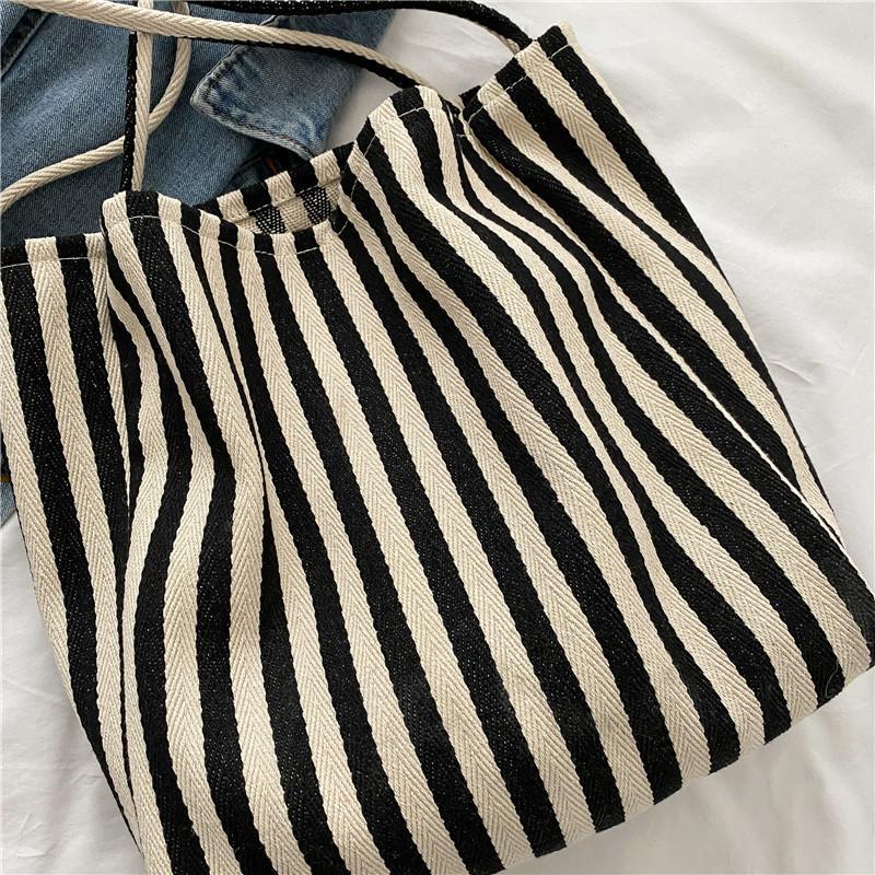 Large Capacity Canvas Women Shopper Tote Simple Striped Shoulder Bag Female Casual Multifunctional Travel Top-handle Handbag