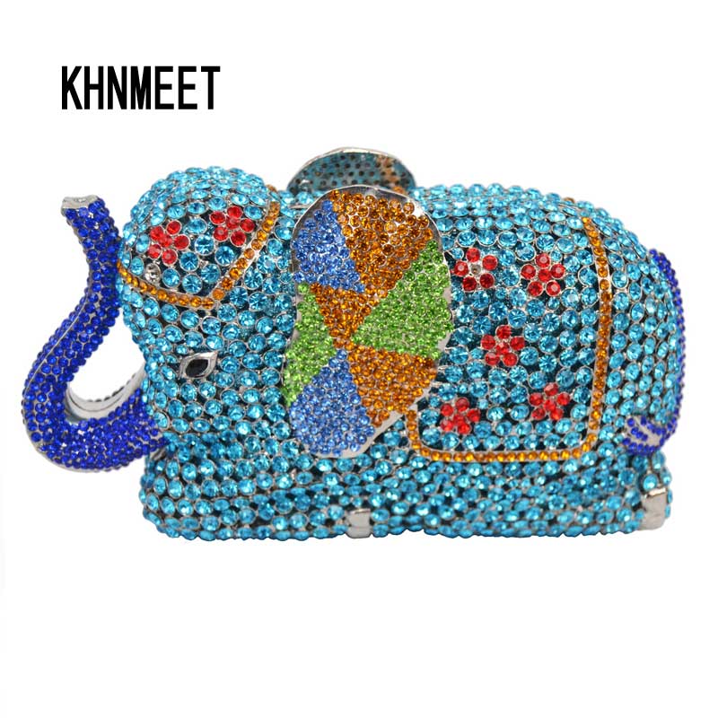 Fashion Newest Luxury Crystal Diamond Elephant Evening Bag Deluxe Indian Rhinestones Metal Zinc Alloy Bridal Party Purse SC487
