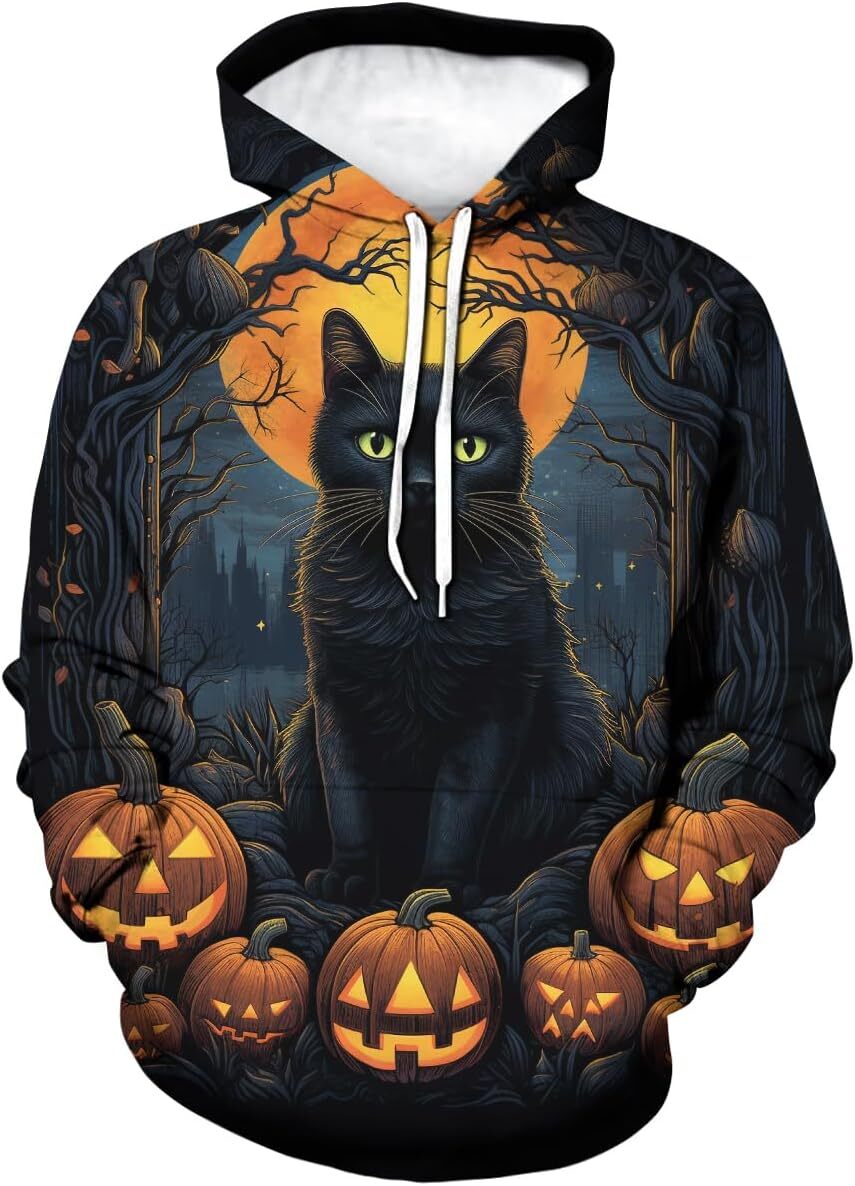 Hoodie for Mens Womens Mens Halloween Printed Hoodie Pumpkin Black Cat Graphic Pullover Shirt Casual Long Sleeve Sweatshirt Graphic Trendy black cat p