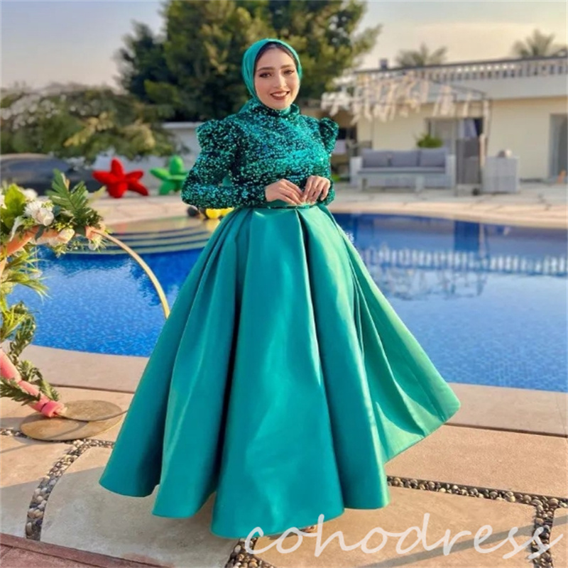 Emerald Green Short Evening Dresses A Line Sequin Muslim Prom Dress Elegant Arabic Dubai Birthday Dress High Neck Long Sleeve Vestio De Gala 2025