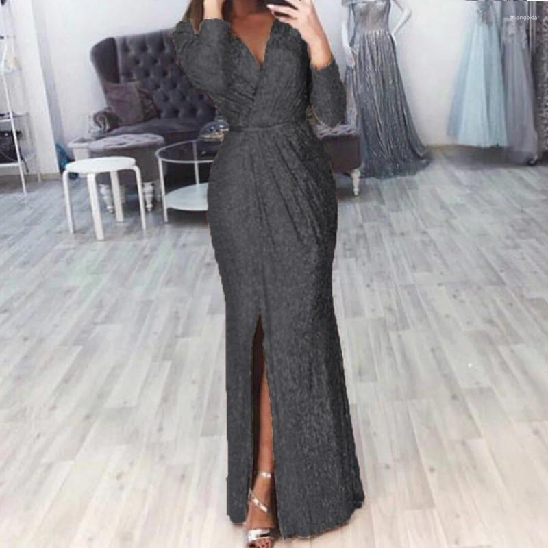 Casual Dresses Europe And The United States Women's Long Dress Evening Gown Deep V-neck Sparkling Sexy Dinner