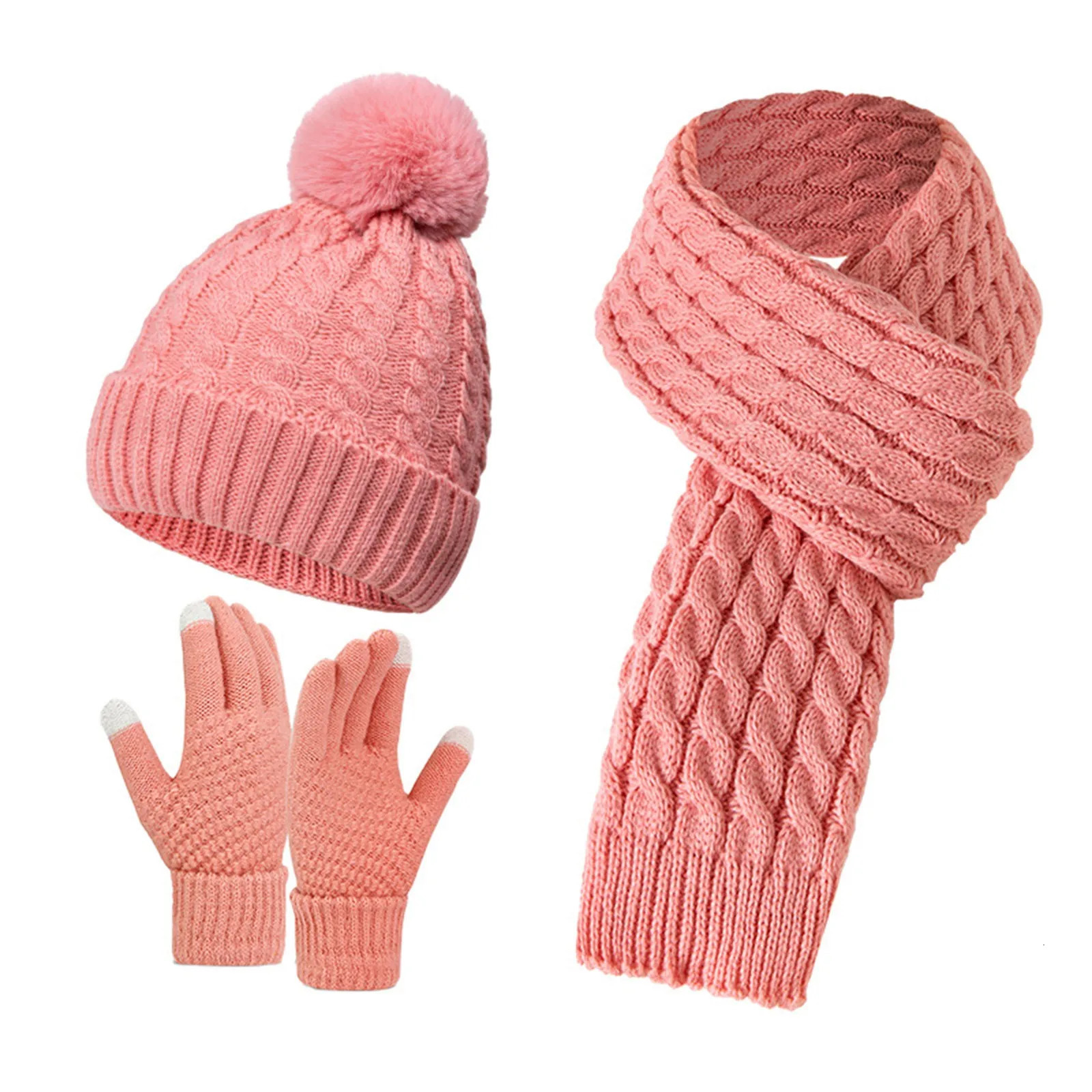 Womens Winter Hat Scarf Glove Set Wool Lined Knitted Hat Warm Long Scarf Winter 3-Piece Glove Set 241107