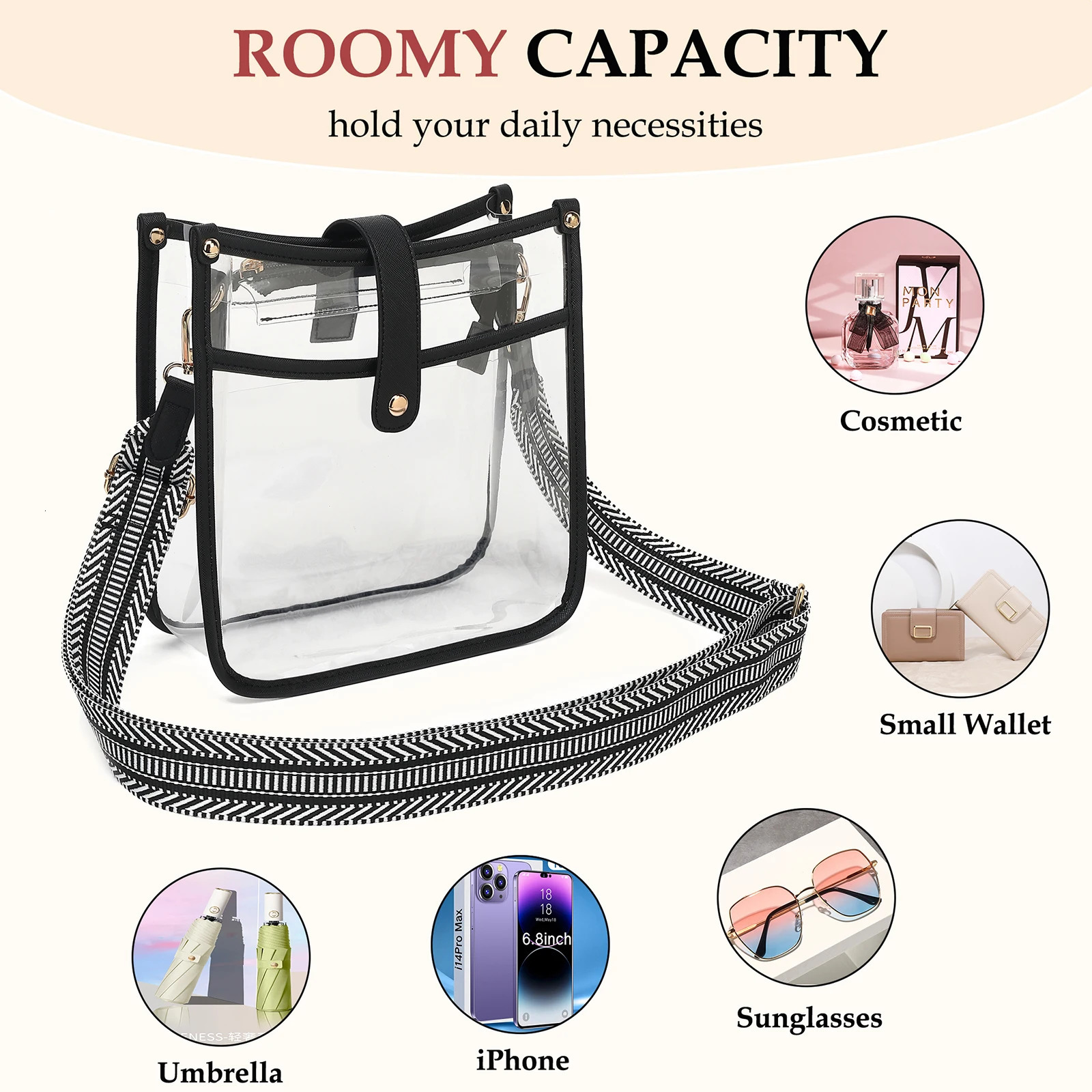 Fashion transparent cross body bag sports stadium certification bag letter making bag womens transparent bag with adjustable guitar strap 241107