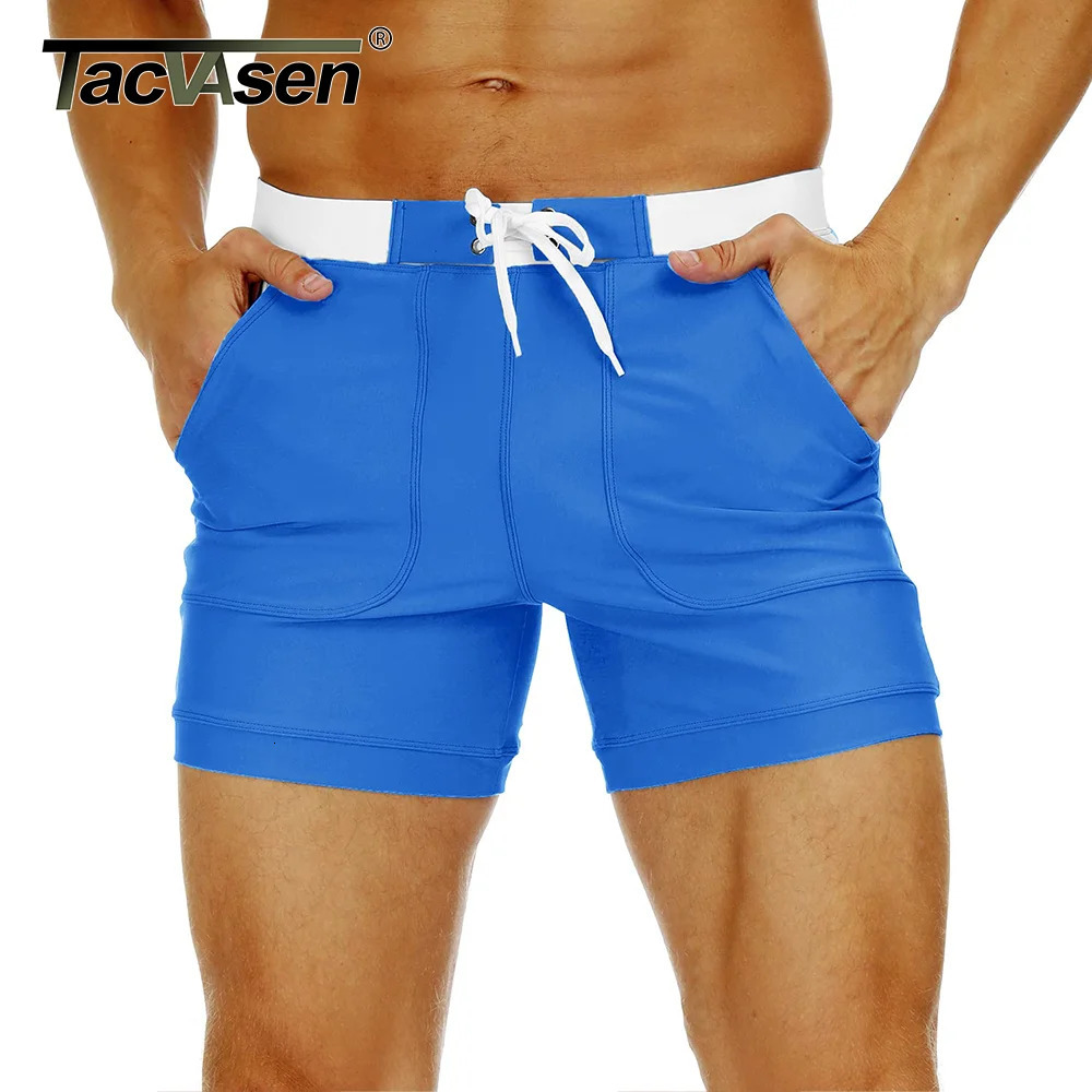 TACVASEN Summer Swimming Board Shorts Mens Beach Brief Boxer Trunks With Pocket Quick Dry Outdoor Casual Swimwear Bottoms 240407