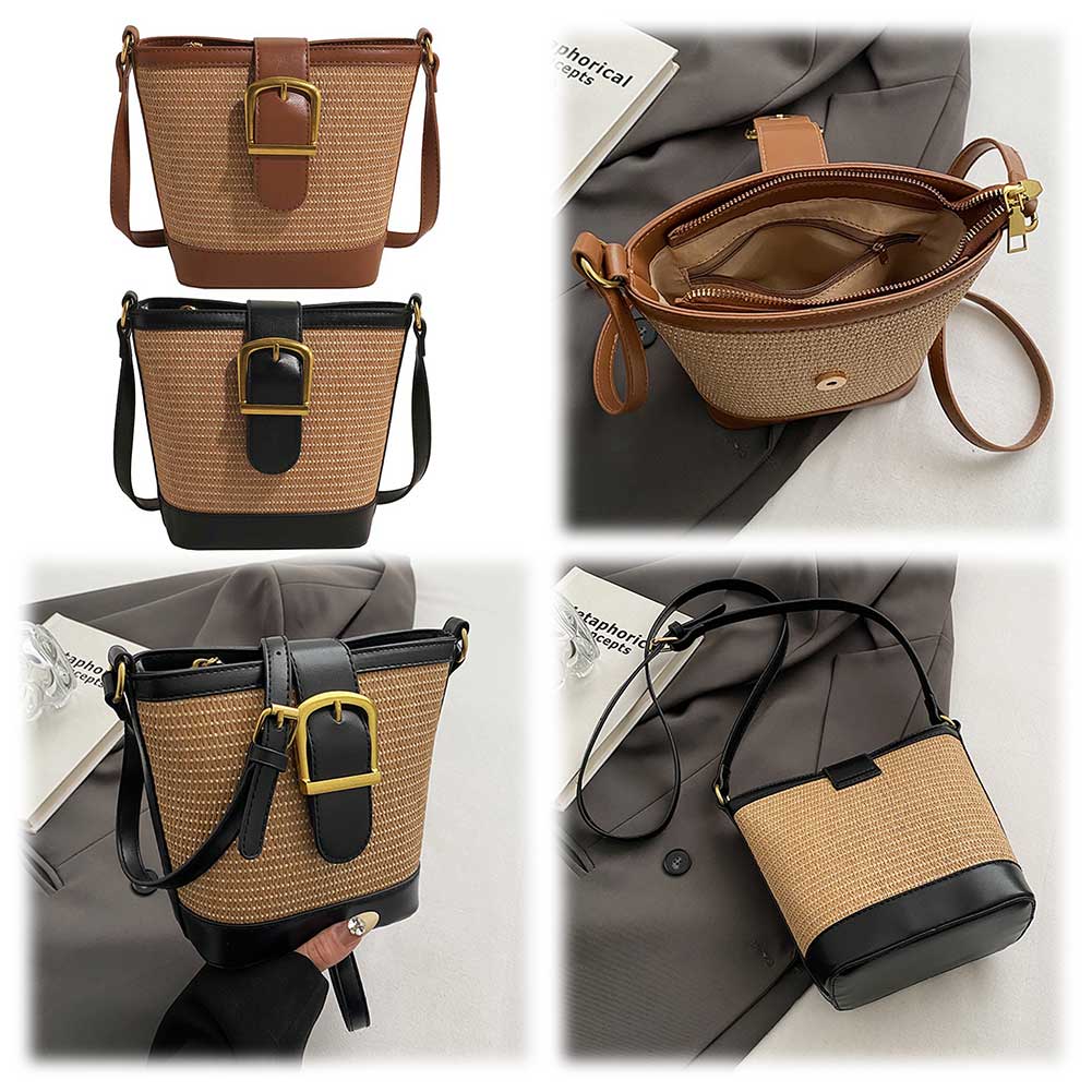 Straw Crossbody Bags for Women Raffia Woven Shoulder Bag PU Leather Straw Bucket Bag Rattan Handbag Purses Summer Beach Bag