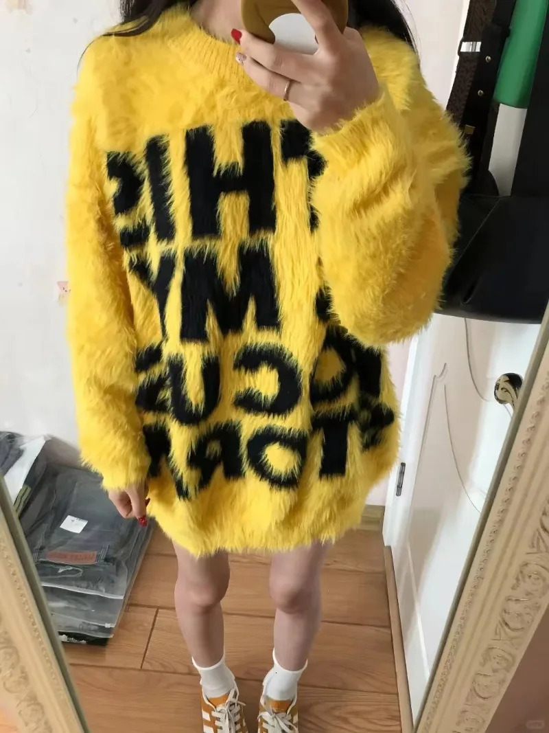 American Y2K Retro Letter Oversized Sweater Women Autumn Fashion Street Simple Plush Loose Harajuku Casual Knitted Sweater 241107