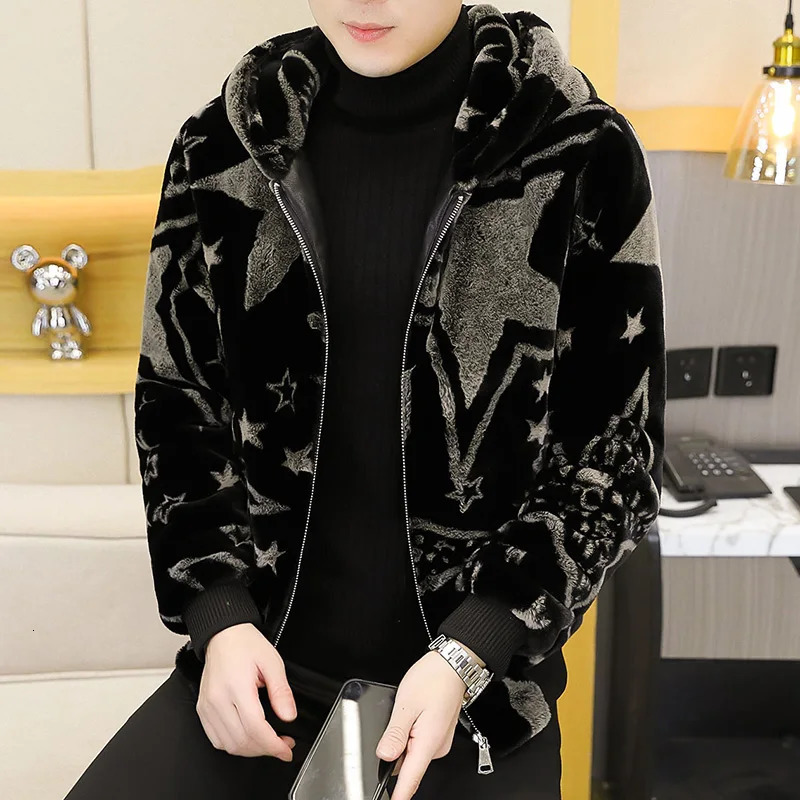 Winter faux fur mink jacket mens thick faux fur hooded jacket ultra-thin casual business social jacket mens clothing 241107