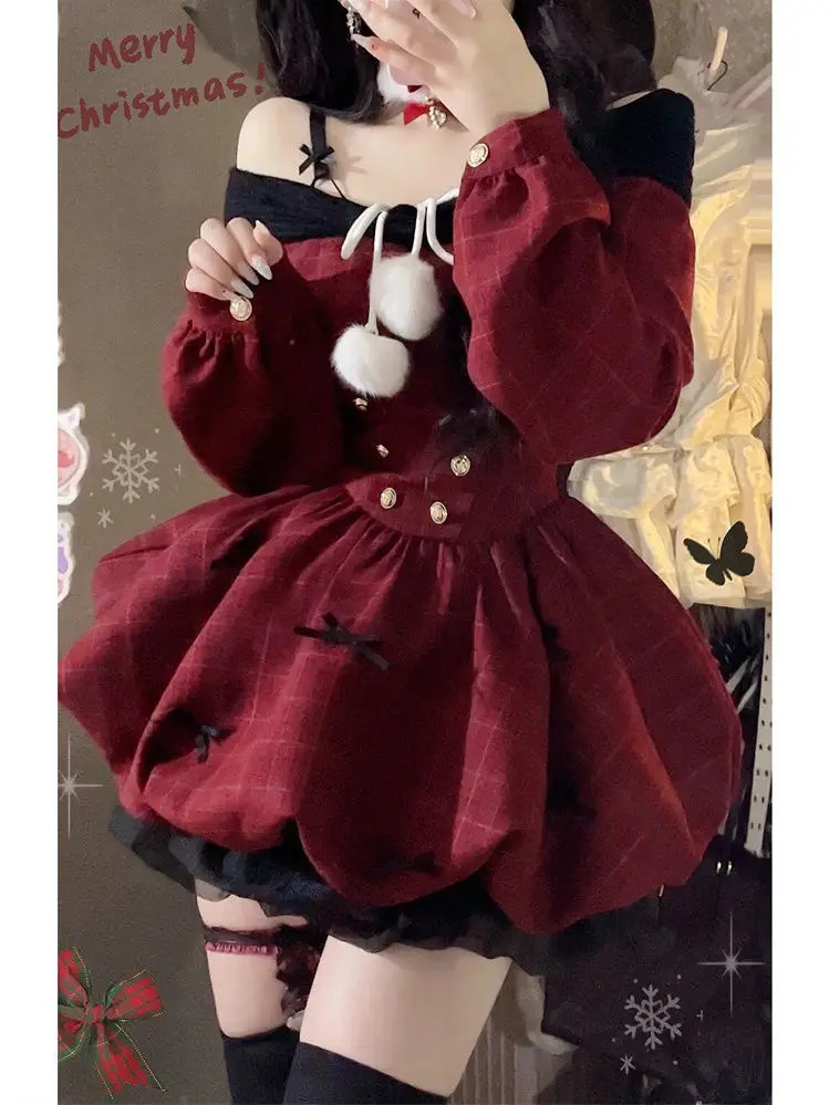 2025 Christmas Red Sweet Y2k Patchwork Womens Party Dress Slash Neck Long Sleeve Autumn Winter Ball Gown Dresses for Holiday 241107