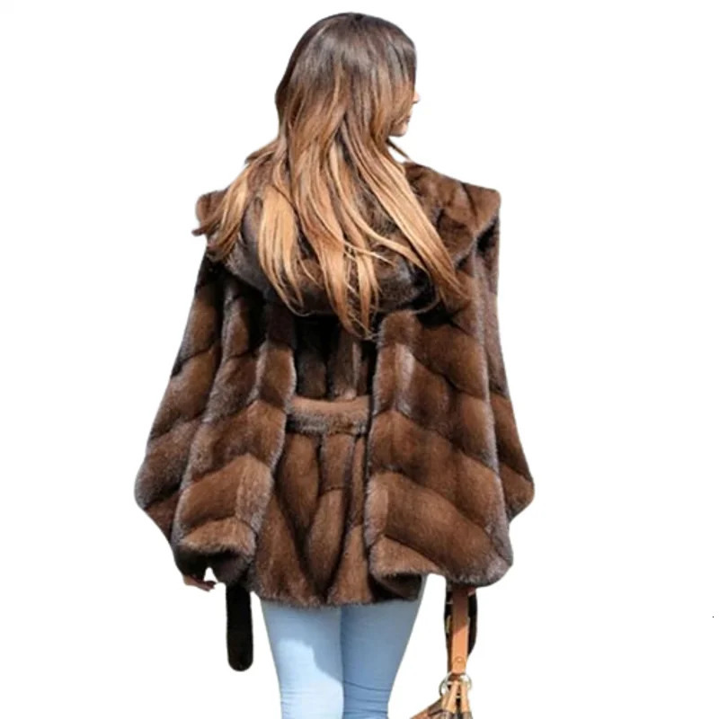 selling high-quality faux fur coat warm and comfortable hooded short faux mink fur coat 241107