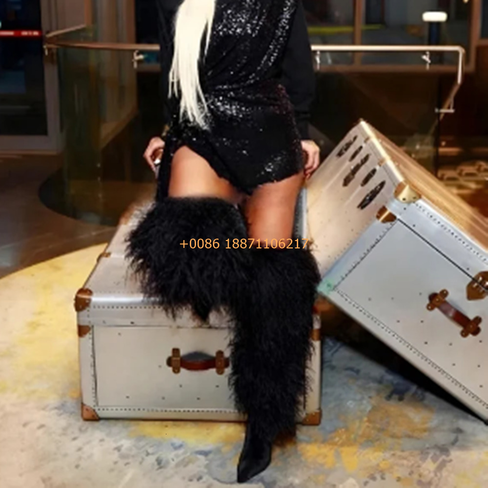 Sexy Ladies Catwalk Knee-High 2024 Autumn Winter Pointed Black Furry Model Stilettos Fashion Party Casual Street Long Boot
