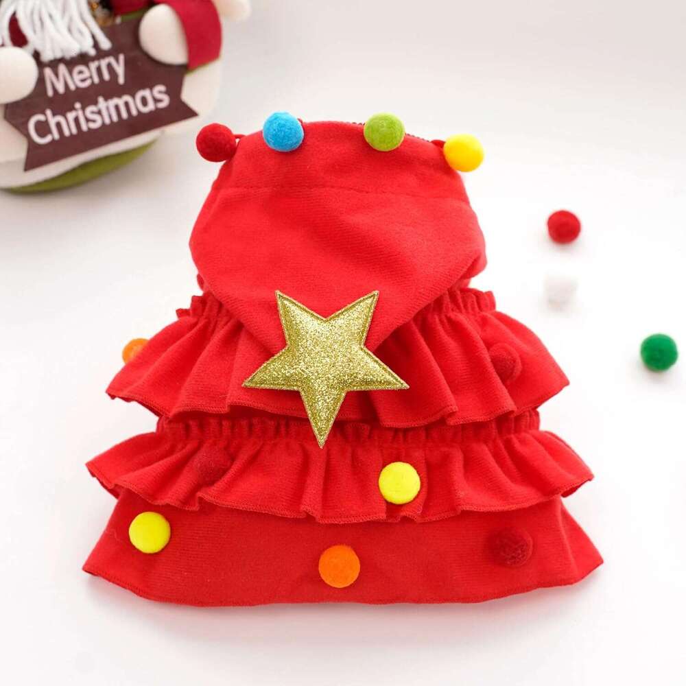 Vellibring Cat Christmas Outfit Red Cloak Hat with Star and Pompoms Puppy Cape Clothes Xmas Tree Elf Costumes Party Supplies Accessories for Small Dog