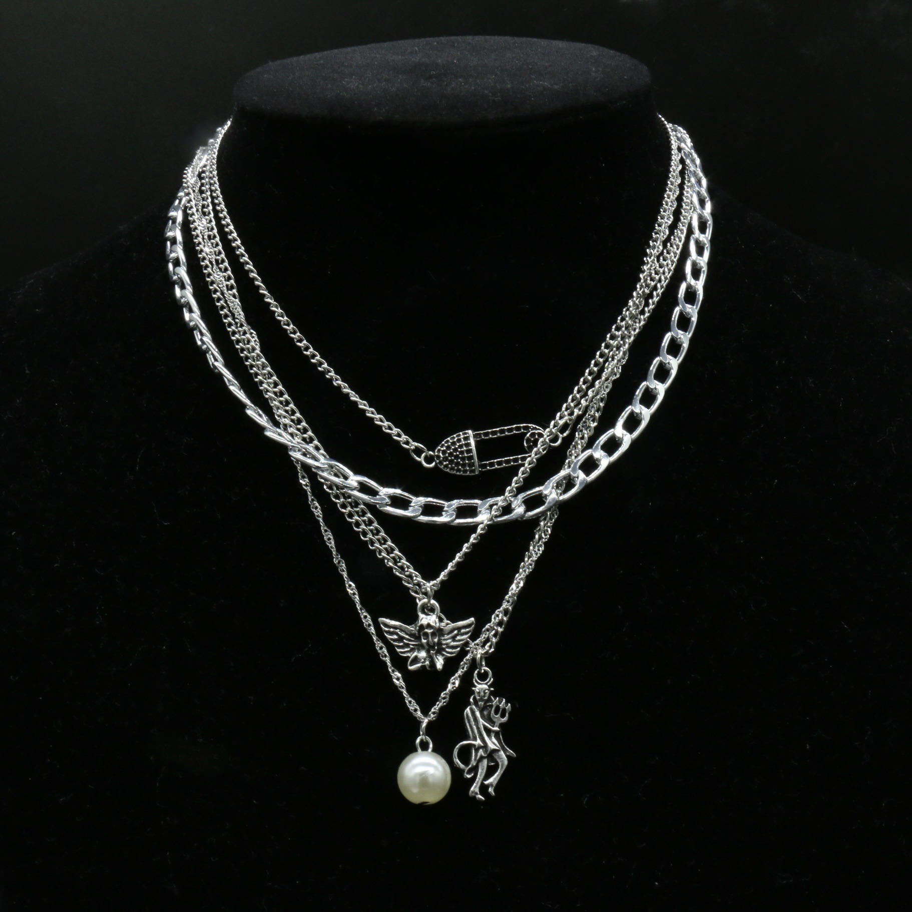 European and American Retro Popular Metal Chain Layered Necklace New Antique Silver Devil Angel Pearl Pendant Multi-layer Necklace