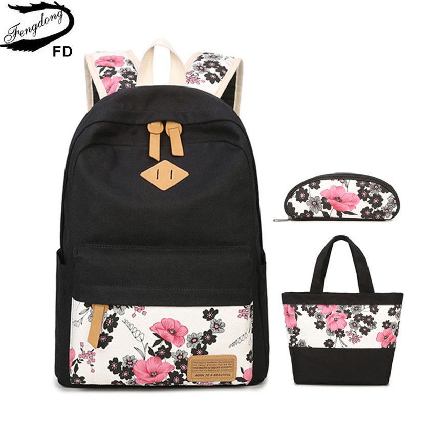 Fengdong 3pcs/set girls canvas school backpack kids school bag set vintage flower bookbag children food bag pen pencil bag gift