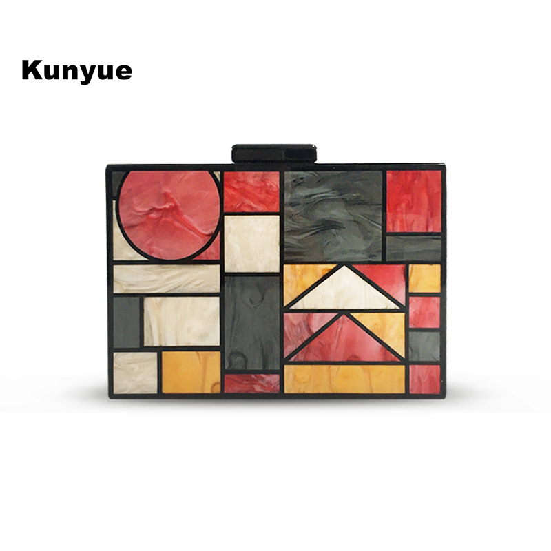 Stylish Evening Bags Luxury Geometric Wedding Vintage Acrylic Clutch Purse Party Prom Elegant Colors Contrast Patchwork Handcase
