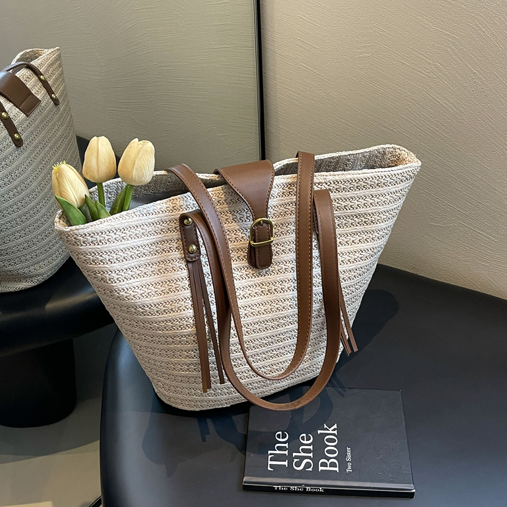 Women Fashion Woven Tote Bag Large Capacity Underarm Bag Summer Straw Weaving Ladies Shoulder Bag Vacation Elegant Tote Handbags